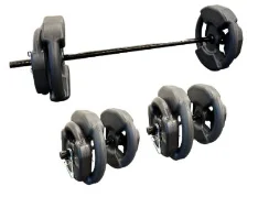 KIT BODY (2 DISCOS DE 5 KG + 4 DE 2,5 KG + 4 DE 1 KG) + BARRA + 2 MANCUENAS DE HIERRO