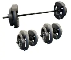 KIT BODY (2 DISCOS DE 5 KG + 4 DE 2,5 KG + 4 DE 1 KG) + BARRA + 2 MANCUENAS DE HIERRO